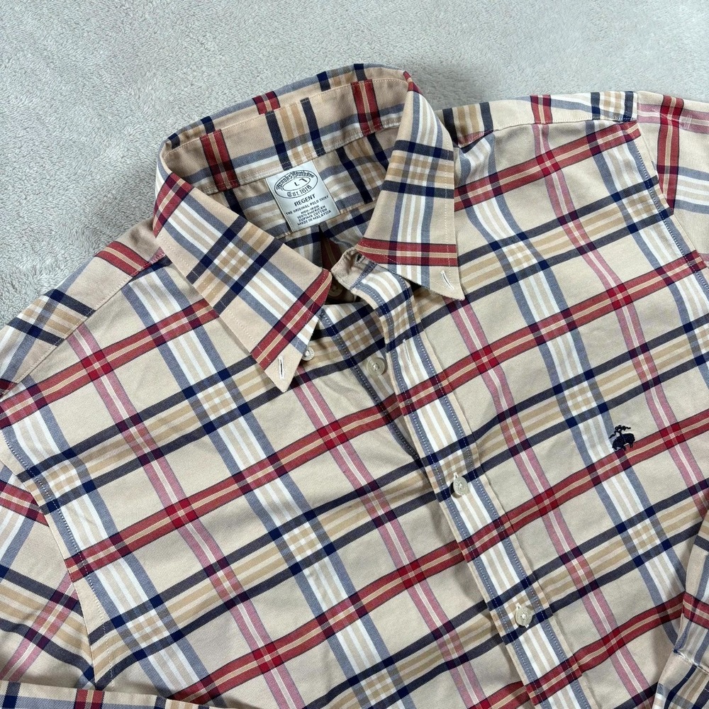 Brooks Brothers Regent The Original Polo Shirt Mens Large Beige Plaid Cotton